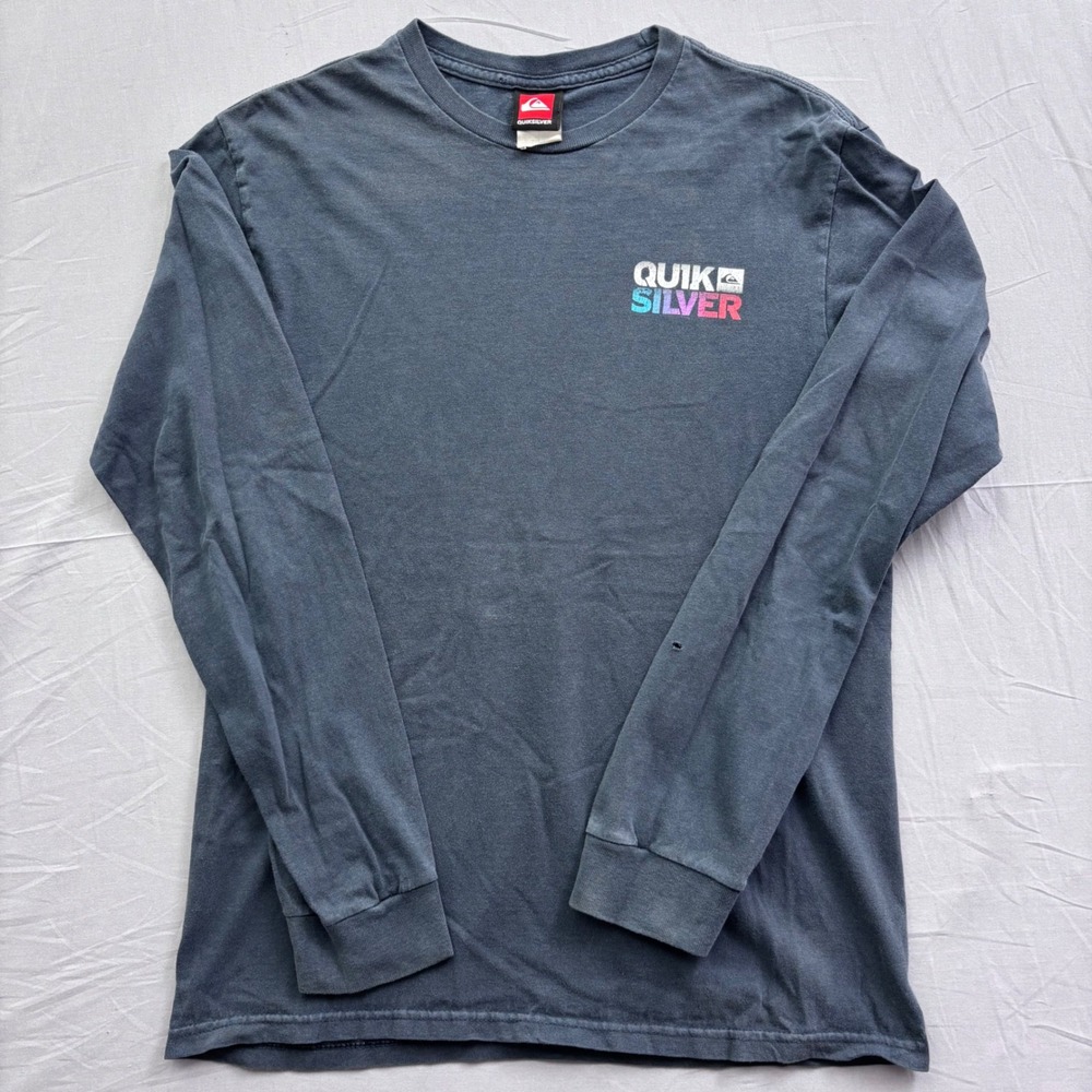 Quiksilver Mens Long Sleeve Graphic T-Shirt Faded Black Gradient Logo Size S Y2K